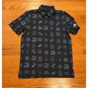 Travis Mathew Golf‎ Polo Shirt Mens Large Black Graphic Vacation Print AOP
